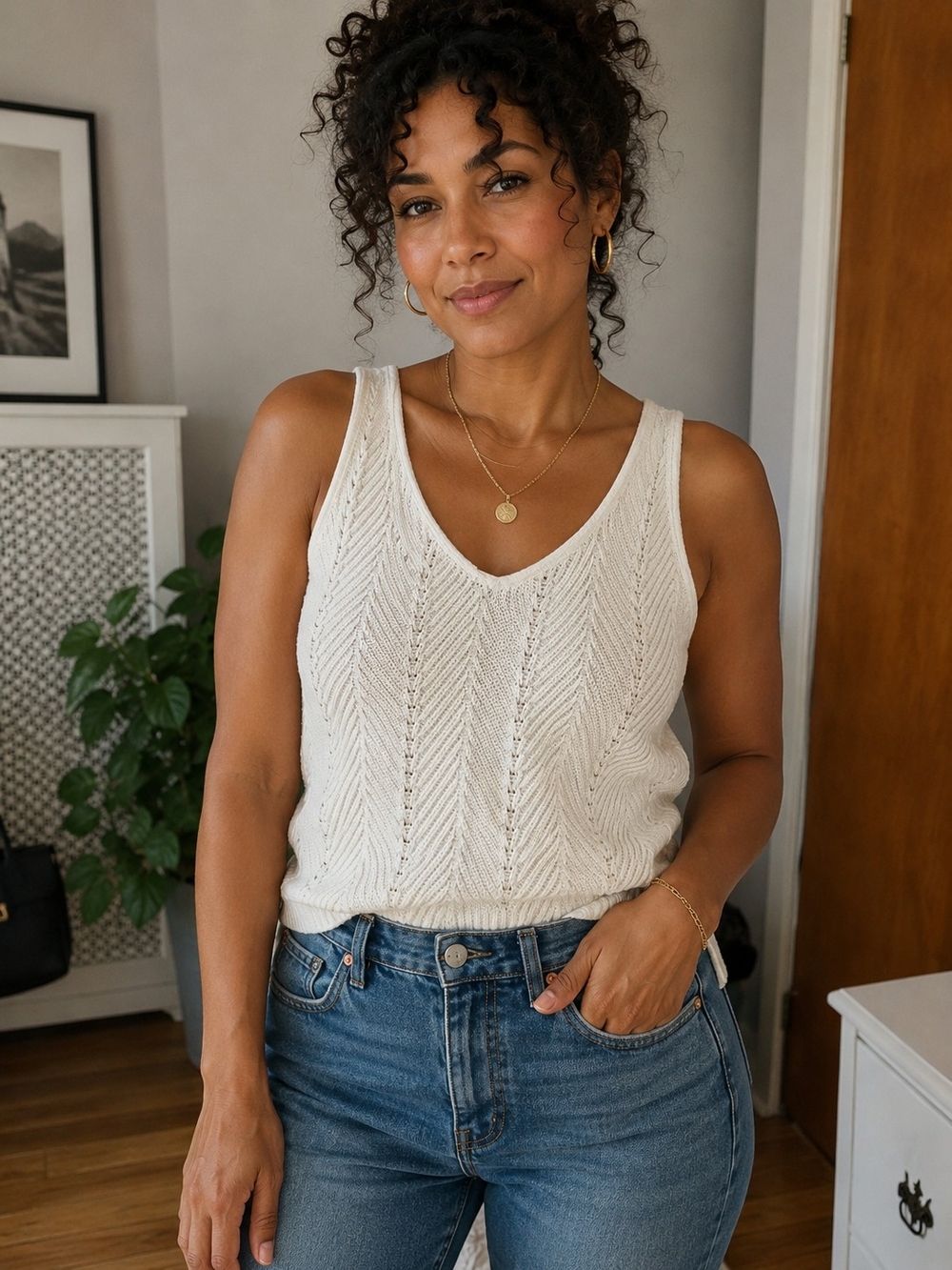 Gap Sleeveless Knit V-Neck Tank Top in Cream